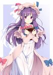  book book_hug boushi_(nandemo) capelet coat crescent crescent_hair_ornament dress hair_ornament hair_ribbon hat highres holding holding_book long_hair long_sleeves looking_at_viewer mob_cap open_clothes open_coat patchouli_knowledge purple_eyes purple_hair ribbon solo striped striped_dress touhou tress_ribbon very_long_hair white_dress 