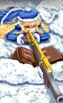  1girl aiming bag blonde_hair blue_coat blue_hat boots brown_bag brown_boots brown_gloves closed_mouth coat commentary_request fur-trimmed_coat fur-trimmed_headwear fur_trim gloves gun gunner_(sekaiju) gunner_2_(sekaiju) hat holding holding_gun holding_weapon ichina_(osabakitina) long_hair lying on_stomach one_eye_closed outdoors pom_pom_(clothes) rifle sekaiju_no_meikyuu sekaiju_no_meikyuu_2 shaded_face snow solo weapon 