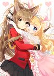  amagi_brilliant_park animal_ears antenna_hair blonde_hair blue_eyes brown_eyes brown_hair bunny_ears bunny_tail cheek-to-cheek dress elbow_gloves frills gloves hug latifa_fleuranza long_hair looking_at_viewer multiple_girls open_mouth ponytail sento_isuzu sera_(mrvles) skirt tail tiara uniform wolf_ears wolf_tail 