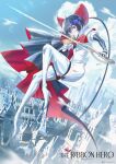  1girl black_gloves black_hair boots bow cape closed_mouth cloud commentary_request elbow_gloves flying from_side full_body gloves highres holding holding_weapon official_art purple_eyes red_bow sapphire_(princess_knight)_(the_ribbon_hero) sapphire_(the_ribbon_hero) shirt short_hair sky solo swav the_ribbon_hero thigh_boots urban weapon white_boots white_cape white_shirt 