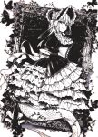  1girl bonnet bug butterfly corset dotitao dress fang frilled_dress frilled_hat frills from_side gothic_lolita greyscale hat highres indie_virtual_youtuber layered_dress lolita_fashion long_dress looking_at_viewer monochrome picture_frame scales short_hair skin_fang sleeves_past_fingers sleeves_past_wrists snake_girl snake_tail solo tail thorns virtual_youtuber wide_sleeves ytaoh 