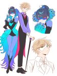  1boy 1girl adrien_agreste alternate_costume alternate_universe aqua_dress bagsanhui5 black_boots black_hair black_pants black_shoes black_vest blonde_hair blue_mask boots bridal_gauntlets brooch cane collared_shirt commentary_request dress eye_mask folded_fan folding_fan glitter_boots glitter_dress green_eyes hair_bun hand_fan high-low_dress highres holding holding_fan jewelry korean_commentary marinette_dupain-cheng mask miraculous_ladybug pants peacock_feathers peacock_feathers_hair_ornament purple_shirt red_eyes shirt shoes striped_clothes striped_shirt two-tone_shirt vertical-striped_clothes vertical-striped_shirt vest white_background white_mask 