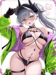  1girl absurdres bare_shoulders baseball_cap bikini black_bikini black_hands black_hat blush body_markings breasts choker cleavage colored_extremities commentary_request crossed_bangs demon_girl demon_horns fate/grand_order fate_(series) green_eyes green_jacket grey_hair hair_between_eyes hat high_ponytail highres horns jacket lilith_(fate) lilith_(swimsuit_rider)_(first_ascension)_(fate) long_hair long_sleeves looking_at_viewer medium_breasts mokyukyu_2339 multicolored_jacket navel off_shoulder open_mouth pink_jacket ponytail smile solo stomach_tattoo swimsuit tattoo thigh_strap thighs two-tone_jacket zipper_bikini 