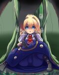  1girl against_tree black_boots blonde_hair blood blood_on_cheek blood_on_clothes blue_eyes blue_pants boots commentary_request crying crying_with_eyes_open fingerless_gloves frederica_irving gloves gun hair_intakes highres holding holding_gun holding_weapon ichina_(osabakitina) necktie pants puffy_short_sleeves puffy_sleeves red_necktie sekaiju_no_meikyuu shin_sekaiju_no_meikyuu shirt short_sleeves sitting speech_bubble tears translation_request tree twintails weapon white_shirt 