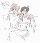  2boys 2girls alternate_costume alternate_hairstyle arm_around_shoulder bangle black_hair blonde_hair blue_eyes blush bracelet cloud_strife commentary_request cup denzel_(ff7) disposable_cup dress drinking drinking_straw drinking_straw_in_mouth final_fantasy final_fantasy_vii final_fantasy_vii:_advent_children hair_ornament hair_up hairclip highres holding holding_cup holding_key holding_phone hot jewelry key korean_commentary korean_text lilykim_ffxiv long_hair long_skirt marlene_wallace multiple_boys multiple_girls necklace notice_lines phone red_eyes scrunchie shirt short_hair sitting skirt speech_bubble sweat swept_bangs tifa_lockhart translation_request wrist_scrunchie 