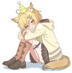  1girl absurdres ahoge animal_ear_fluff animal_ears argyle_clothes argyle_socks arknights blonde_hair blush brown_shoes brown_socks cardigan commentary_request egg_vibrator eggplant7217 female_masturbation fox_ears fox_girl fox_tail full_body green_shirt hair_ornament hairclip heavy_breathing highres invisible_floor loafers masturbation notched_ear official_alternate_costume open_cardigan open_clothes orange_eyes panties pantyshot sex_toy shirt shoes short_hair simple_background sitting smile socks solo tail thighs underwear vermeil_(arknights) vermeil_(playfellows)_(arknights) vibrator vibrator_under_clothes white_background yellow_cardigan 