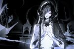  1girl au_ra black_horns black_scales black_veil dark_background english_commentary final_fantasy final_fantasy_xiv grey_hair hair_over_one_eye highres horns monochrome nude one_eye_covered original own_hands_clasped own_hands_together parted_lips red_eyes solo spot_color upper_body veil warrior_of_light_(ff14) windupkaibyo 