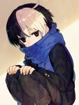  1boy aged_down black_hair blue_scarf child commentary_request looking_at_viewer male_focus multicolored_hair scar scar_on_face scarf seth_(under_night_in-birth) short_hair suzunashi two-tone_hair under_night_in-birth white_hair 