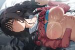  1girl bed bedroom black_hair black_ribbon blue_eyes breasts closed_mouth clothes_lift cum cum_on_body cum_on_breasts hews highres indoors inverted_nipples kaoru_hana_wa_rin_to_saku large_breasts long_hair long_sleeves looking_at_viewer lying neck_ribbon nipples on_back on_bed one_eye_closed pink_shirt revision ribbon sailor_collar school_uniform serafuku shirt shirt_lift solo upper_body waguri_kaoruko white_sailor_collar 