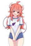  1girl :d ahoge black_buruma blush buruma collarbone commentary cowboy_shot demon_girl demon_horns demon_tail embarrassed fangs furrowed_brow gym_shirt gym_uniform hair_between_eyes head_tilt highres horns long_hair looking_at_viewer machikado_mazoku midriff_peek nose_blush open_mouth red_eyes red_hair shiroha_daisuki shirt shirt_tug short_sleeves sidelocks simple_background skin_fangs smile solo tail tail_raised tareme white_background white_shirt yoshida_yuuko 