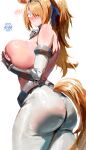  1girl absurdres animal_ears armlet ass blonde_hair blue_eyes blush breasts bridal_gauntlets collar commentary_request detached_sleeves hair_over_one_eye hair_ribbon hairband high_ponytail highres horse_ears horse_girl horse_tail igiroitsu jewelry large_breasts long_hair looking_at_viewer metal_collar metal_hairband pants ponytail ribbon sigrid_de_l'azur solo tail tight_clothes tight_pants topless_female white_pants wide-eyed zenless_zone_zero 
