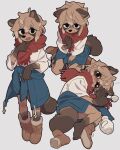  1girl animal_ears black_eyes black_nose blue_jacket blush boots cup drunk earrings furry furry_female highres jacket jewelry looking_at_viewer lying multiple_views original pitcher_(container) raccoon_ears raccoon_girl raccoon_tail red_scarf scarf seiza shirt shoes short_hair single_shoe sitting tail tanuki white_background white_shirt yagi_(s1120411) 