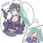  1girl absurdres bare_shoulders black_choker black_hat black_jacket black_pants black_tank_top breasts cardigan_partially_removed character_name choker cleavage closed_eyes commentary dog_tags dreaming escape_from_tarkov facing_viewer green_hair gun h&amp;k_usp hair_ornament hairclip handgun hat headphones highres holding holding_gun holding_stuffed_toy holding_weapon jacket jacket_partially_removed jewelry kukumo_(yakumo_beni) load-bearing_vest long_hair long_sleeves looking_to_the_side lying magazine_(weapon) midriff mole mole_on_breast multiple_views navel necklace nishiki_yuno off_shoulder on_bed pants ponytail print_hat purple_eyes simple_background sleeping smile speech_bubble stuffed_toy tank_top thought_bubble virtual_youtuber vspo! weapon white_background yakumo_beni yakumo_beni_(5th_costume) zzz 