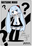  1girl ? arms_at_sides black_skirt blue_hair blue_necktie boots character_name closed_mouth detached_sleeves full_body hatsune_miku head_tilt highres long_hair long_sleeves looking_at_viewer miniskirt mushino_shirase necktie shirt skirt solo standing thigh_boots twintails vocaloid white_shirt 