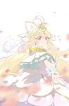  1girl ahoge antenna_hair blonde_hair blurry blurry_foreground bow braid breasts brooch capelet cherry_blossoms cleavage closed_mouth commentary cowboy_shot crown_braid cure_arcana depth_of_field dress earrings frilled_capelet frilled_cuffs frilled_dress frills from_side gradient_hair hair_bow hair_intakes hair_ornament heart heart_brooch heart_hair_ornament highres jewelry layered_dress long_hair looking_at_viewer magical_girl medium_dress meitantei_precure! moria_luluka multicolored_hair navel pink_hair precure reaching reaching_towards_viewer red_eyes ribbon smile solo standing veil very_long_hair white_background white_bow white_capelet wonderful_tanaka wrist_cuffs 