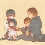  2boys 2girls black_hair black_jacket boots breasts brown_boots brown_hair brown_jacket brown_shoes cardigan child commentary_request dress eren_yeager furrowed_brow green_eyes grey_eyes grey_pants grey_shirt hair_between_eyes half_updo hand_on_another's_shoulder highres jacket long_dress looking_at_another ma_me_129 medium_breasts medium_hair mikasa_ackerman multiple_boys multiple_girls pants paradis_military_uniform pink_cardigan red_scarf scar scar_on_cheek scar_on_face scarf shingeki_no_kyojin shirt shoes short_hair sitting time_paradox white_dress white_shirt yellow_background 