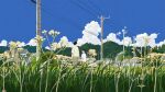  2boys black_hair blue_sky cloud commentary_request day from_behind grass grey_pants hayashi_naoyuki highres house looking_at_another male_focus mountainous_horizon multiple_boys official_art original outdoors pants power_lines scenery shirt short_hair sky talking tall_grass utility_pole village walking white_shirt wide_shot 