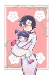  2girls aged_down bagsanhui5 black_hair blue_eyes bow bubble carrying carrying_person child closed_eyes commentary_request dress flower hair_bow hair_flower hair_ornament highres korean_commentary marinette_dupain-cheng miraculous_ladybug mother_and_child mother_and_daughter multiple_girls parent_and_child pink_bow sabine_cheng shoes short_hair twintails white_dress 