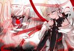  1girl absurdres arcaea bare_shoulders bib_collar black_boots black_thighhighs blonde_hair boots closed_mouth collared_dress commentary dress flower frilled_sleeves frills hair_between_eyes hair_flower hair_ornament heterochromia highres jacket jacket_partially_removed long_sleeves multicolored_hair multiple_girls necktie off_shoulder red_eyes ribbon short_hair sitting thigh_boots thighhighs two-tone_hair vita_(arcaea) vita_(wanderer)_(arcaea) white_eyes white_hair white_jacket white_necktie white_ribbon wide_sleeves x_hair_ornament yezee0326 