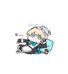  1girl apron black_dress black_gloves blonde_hair blue_archive blue_bow blue_eyes bow can chibi dress drink_can fingerless_gloves gloves grey_pantyhose halo hat heart jitome juliet_sleeves long_sleeves maid maid_apron maid_headdress mob_cap nyaru_(nyaru_4126) pantyhose pillow puffy_sleeves simple_background soda_can solo toki_(blue_archive) translation_request white_background white_hat 