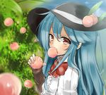  blue_hair bow day downscaled eating food food_in_mouth fruit hat hinanawi_tenshi image_sample long_hair looking_at_viewer md5_mismatch mouth_hold outdoors peach red_eyes resized solo touhou tree twitter_sample upper_body yuhito_(ablbex) 