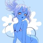  1girl absurdres animal_print bikini blue_background blue_oni blue_skin blue_tail blue_tongue blush colored_skin colored_tongue commentary cow_print cow_print_bikini demon_tail english_commentary eyeliner flat_chest grey_hair heart heart-shaped_pupils highres horns indie_virtual_youtuber kuu_(kuutuber) kuutuber looking_at_viewer makeup navel oni pointy_ears ponytail print_bikini red_eyes simple_background skin-covered_horns solo swimsuit symbol-shaped_pupils tail thighs virtual_youtuber yellow_eyeliner 