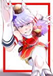  1girl absurdres animal_ears armband blunt_bangs blush boots bow breasts brown_hat commentary_request dress ear_bow ear_ribbon eye_trail gloves gold_ship_(red_strife)_(umamusume) gold_ship_(umamusume) grey_hair grin hat highres horse_ears horse_girl horse_tail large_breasts light_trail long_hair looking_at_viewer mofujiro open_mouth pantyhose pillbox_hat purple_eyes red_bow red_dress running sleeveless sleeveless_dress smile solo striped_armband striped_clothes sweat tail teeth umamusume white_boots white_gloves white_pantyhose 