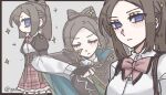  1girl adjusting_clothes aqua_cloak arms_at_sides assault_lily black_border black_cloak black_gloves black_jacket black_thighhighs black_vest blue_eyes blush border bow bow-shaped_hair bowtie brown_bow brown_bowtie brown_hair brown_skirt chinese_commentary cloak closed_eyes closed_mouth collared_shirt commentary_request corset cowboy_shot deformed facing_viewer fingerless_gloves garter_straps gatti_love gloves grey_background hand_up highres ichinomiya_michaela_himari jacket juliet_sleeves long_hair long_sleeves looking_at_viewer looking_to_the_side ludvico_private_girls'_academy_school_uniform multiple_views outside_border parted_bangs plaid_clothes plaid_skirt ponytail profile puffy_sleeves school_uniform shirt sideways_glance simple_background skirt sparkle standing suspenders thighhighs twitter_username two-sided_cloak two-sided_fabric underbust upper_body v-shaped_eyebrows vest white_shirt 