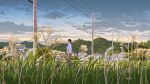  1boy black_hair blue_shirt cloud commentary_request dawn from_side gradient_sky grass grey_pants hayashi_naoyuki highres house looking_afar male_focus mountainous_horizon official_art original outdoors pants power_lines profile scenery shirt short_hair sky solo standing tall_grass utility_pole village wide_shot 