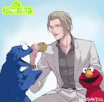  1boy belt belt_buckle black_skirt blonde_hair blue_eyes buckle commentary_request cookie cookie_monster crossover elmo final_fantasy final_fantasy_vii final_fantasy_vii_remake food grey_pants grey_suit highres holding holding_cookie holding_food jacket long_sleeves male_focus mugikoma open_mouth pants parted_lips rufus_shinra sesame_street short_hair skirt suit suit_jacket twitter_username wing_collar 