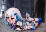  1girl 1other absurdres arms_behind_back ball_gag bdsm blue_hair blush bondage book boots bound bound_arms bound_legs bound_wrists bureki collar commentary_request crying crying_with_eyes_open egg_vibrator gag hair_ornament hairclip highres indoors lize_helesta long_hair long_sleeves lying multicolored_hair nijisanji on_floor on_stomach open_mouth peeing peeing_self purple_eyes restrained sex_toy shadow shibari shoes standing stationary_restraints streaked_hair tears thigh_strap translation_request two-tone_hair vibrator virtual_youtuber white_hair 