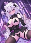  1girl absurdres balut_(7676i) black_panties black_thighhighs blush bow breasts cameltoe cleavage closed_mouth commentary_request demon_girl demon_tail demon_wings fingernails hair_between_eyes halo highres indoors large_breasts long_hair long_sleeves looking_at_viewer original panties panty_pull purple_bow purple_eyes sitting solo spade_(shape) spread_legs tail thigh_strap thighhighs two_side_up underwear very_long_hair white_hair wings 