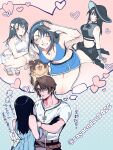  1boy 1girl angelo_(ff8) bare_arms bare_shoulders belt bikini bikini_skirt black_bikini black_gloves black_hair black_hat black_pants black_shoes black_skirt blue_bikini blue_cardigan blue_eyes blue_hairband blue_skirt blue_sleeves blush bow breasts bridal_gauntlets brown_belt brown_eyes brown_hair cardigan chain chain_necklace cleavage closed_eyes commentary_request couple crossed_arms detached_sleeves dog earrings final_fantasy final_fantasy_viii footwear_bow full_body gloves hair_between_eyes hair_ornament hairband hat hetero highres jewelry kneeling long_hair medium_breasts midriff multicolored_hair multiple_belts multiple_views necklace open_mouth pants parted_bangs parted_lips ribbed_cardigan ring ring_necklace rinoa_heartilly salute sandals sayaendou0426 scar scar_on_face scar_on_forehead shell shell_hair_ornament shirt shoes short_hair single_earring skirt smile squall_leonhart squatting streaked_hair sun_hat swimsuit twitter_username upper_body white_bikini white_sandals white_shirt white_skirt 