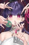  1girl applying_another's_makeup applying_makeup bare_shoulders belt_collar collar commentary_request cosmetics detached_sleeves fate/grand_order fate_(series) hair_between_eyes hair_ribbon hair_straightener holding holding_brush holding_hair_straightener holding_makeup_brush light_blush lipgloss lips long_hair looking_at_viewer makeup makeup_brush mins_(minevi) o-ring o-ring_top out_of_frame parted_lips passionlip_(fate) passionlip_(third_ascension)_(fate) pink_eyes pink_ribbon portrait powder_puff purple_hair ribbon shirt sleeveless sleeveless_shirt solo_focus straight-on surrounded_by_hands twitter_username white_collar white_shirt 