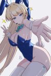  1girl absurdres animal_ears aqua_bow aqua_bowtie backlighting blonde_hair blue_archive blue_bow blue_halo blue_leotard blue_streaks blunt_bangs bow bowtie braid breasts cleavage closed_mouth commentary covered_navel cowboy_shot detached_collar dutch_angle fake_animal_ears fake_tail foreshortening green_eyes hair_bow hair_intakes half_up_braid halo hand_up headset highleg highleg_leotard highres jesh_art large_breasts leaning_forward leotard long_hair looking_at_viewer multicolored_hair official_alternate_costume official_alternate_hairstyle playboy_bunny rabbit_ears rabbit_tail reaching reaching_towards_viewer sidelocks signature simple_background skindentation solo straight_hair strapless strapless_leotard streaked_hair tail thighhighs toki_(blue_archive) toki_(bunny)_(blue_archive) tsurime v very_long_hair white_background white_thighhighs white_wrist_cuffs wrist_cuffs 