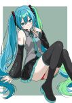  1girl absurdres aqua_eyes aqua_hair aqua_necktie bare_shoulders black_skirt black_sleeves blush boots border breasts closed_mouth collared_shirt commentary_request detached_sleeves foot_out_of_frame grey_background grey_shirt hair_between_eyes hair_ornament hatsune_miku headset highres hmhmham5 knees_up long_hair long_sleeves looking_at_viewer necktie number_tattoo outside_border panties pantyshot pleated_skirt red_panties shirt simple_background sitting skirt sleeveless sleeveless_shirt small_breasts smile solo split_mouth tattoo thigh_boots twintails underwear very_long_hair vocaloid white_border 