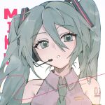  1girl :o aqua_eyes aqua_hair aqua_necktie bare_shoulders character_name collarbone commentary detached_sleeves grey_shirt hair_between_eyes hatsune_miku headset highres ito_tuduri long_hair necktie number_tattoo open_mouth shirt shoulder_tattoo sleeveless sleeveless_shirt solo tattoo twintails upper_body vocaloid 