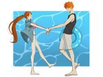  1boy 1girl absurdres barefoot bikini black_tank_top bleach blue_shirt border breasts closed_eyes closed_mouth collared_shirt commentary_request couple flip-flops grey_shorts hair_between_eyes hetero highres holding holding_hands holding_swim_ring inoue_orihime kurosaki_ichigo large_breasts light_blush long_hair looking_at_another midriff momo_ka1010 open_mouth orange_hair parted_bangs pink_bikini pink_scrunchie sandals scrunchie shirt short_hair shorts signature smile spiked_hair standing swim_ring swimsuit tank_top white_border white_sandals 