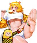  1girl absurdres animal_ears breasts commentary cosplay eimi_isami elegg_(nikke) elegg_(nikke)_(cosplay) english_commentary feet food hair_ornament hamster_ears hamster_girl heart heart-shaped_pupils highres holding holding_food holding_popsicle open_mouth orange_hair phase_connect pink_eyes popsicle short_hair soles solo sussynano symbol-shaped_pupils thighs tongue tongue_out underboob virtual_youtuber white_background x_hair_ornament 