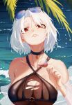  1girl alcohol bikini black_bikini black_choker breasts chinese_commentary choker cleavage collarbone commentary_request cup drinking_glass eyewear_on_head fibonacci_no_usagi highres holding holding_cup large_breasts looking_at_viewer mole mole_under_eye original outdoors red_eyes short_hair smile solo summer swimsuit water wet white_hair wine wine_glass 