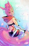  1girl absurdres animal_ears back black_gloves black_shorts blue_background boutsoftheblind fox_ears fox_girl fox_tail gloves hair_between_eyes highres hood indie_virtual_youtuber long_hair looking_at_viewer looking_back mechanical_legs meicha_(vtuber) open_mouth pink_hair ponytail purple_eyes red_hood shorts sitting solo tail virtual_youtuber 