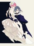  1boy 1girl absurdres backless_dress backless_outfit barefoot black_gloves black_hair carrying carrying_person commentary_request dress gloves hair_over_one_eye half_gloves halter_dress halterneck hetero highres jack_jeanne liio_oiil mutsumi_kai one_eye_closed partial_commentary pink_hair short_dress short_hair sleeveless sleeveless_dress tachibana_kisa white_dress yellow_eyes 