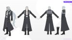  1boy belt belt_buckle black_belt black_boots black_coat boots buckle character_name coat commentary_request concept_art dissidia_duellum_final_fantasy dissidia_final_fantasy facing_away facing_viewer final_fantasy final_fantasy_vii full_body grey_hair grey_pants jewelry long_bangs long_coat long_hair male_focus necklace official_alternate_costume official_art open_clothes open_shirt outstretched_arms pants parted_bangs profile sephiroth sephiroth_(advent_of_glory) shirt simple_background snake_print solo square_enix standing very_long_hair white_shirt 
