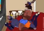 2023 anthro backwards_baseball_cap backwards_hat baseball_cap biceps blue_baseball_cap blue_body blue_clothing blue_eyes blue_fur blue_underwear body_hair bovid bovine brown_body brown_fur butt cattle chair chest_hair clothed clothing colored confident controller dated deer duo electronics fraze_(whitecolt_productions) fur furniture game_controller gaming hat headgear headwear hooves horn inside male male/male mammal muscular muscular_male nipple_piercing nipples open_mouth orange_clothing orange_underwear piercing red_sofa sitting sitting_on_another smile sofa surprised table teeth television text underwear underwear_only url video_game_console whitecolt_productions yellow_baseball_cap
