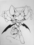  1girl absurdres adam_bryce_thomas animal_ears animal_nose bat_ears bat_girl bat_tail bat_wings boots breasts catsuit catwoman catwoman_(cosplay) commentary cosplay crossover dc_comics dc_x_sonic_the_hedgehog domino_mask english_commentary eye_mask furry furry_female gloves goggles goggles_on_head greyscale highres holding holding_whip ink large_breasts leather_suit looking_to_the_side mask monochrome official_artist_extra rouge_the_bat sonic_(series) whip wings zipper 