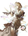  1girl aglaea_(honkai:_star_rail) bare_shoulders blonde_hair breasts bright_pupils brown_sleeves cleavage collarbone commentary_request detached_sleeves dress feet_out_of_frame fingernails fire floating_hair flower gold_trim greco-roman_clothes hair_between_eyes hair_flower hair_ornament hand_up highres holding holding_sword holding_weapon honkai:_star_rail honkai_(series) jewelry large_breasts laurel_crown long_dress long_fingernails looking_at_object maroronegi nail_polish neck_ring pink_eyes puffy_detached_sleeves puffy_short_sleeves puffy_sleeves short_hair short_sleeves simple_background sleeveless sleeveless_dress solo standing sword teeth thigh_strap wavy_hair weapon white_background white_dress white_flower white_pupils yellow_nails 