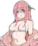  1girl bikini blue_eyes blush bocchi_the_rock! breasts commentary cube_hair_ornament flashing gotoh_hitori hair_between_eyes hair_ornament jacket long_hair looking_at_viewer medium_breasts navel nipples one_side_up open_mouth pink_hair pink_jacket puffy_nipples puteme raised_eyebrows simple_background solo swimsuit track_jacket wavy_mouth white_background white_bikini 