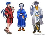  3boys bag boots commentary_request copyright_name cu_chulainn_(fate) cu_chulainn_(kyomaf_2026)_(fate) cu_chulainn_(lancer)_(fate) fate/grand_order fate_(series) fedora floral_print floral_print_kimono hakama happi hat jacques_de_molay_(saber)_(fate) japanese_clothes kimono komayama_akira male_focus multiple_boys official_art orange_boots print_kimono sandals scarf shoulder_bag striped_clothes striped_kimono toudou_heisuke_(fate) toudou_heisuke_(kyomaf_2026)_(fate) waist_tassel yellow_scarf 