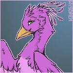 1:1 artist_name avian beak bird border countershading digital_media_(artwork) feathered_crest feathered_wings feathers feral galliform green_eyes gyro_feather head_crest low_res peafowl phasianid pink_body pink_border pink_feathers pixel_(artwork) portrait solo text wings wysdrem yellow_beak