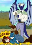 2023 anthro bdsm blue_body blue_bottomwear blue_clothing blue_jeans blue_pants blue_shirt blue_skin blue_tail blue_topwear blue_wings bondage bottomwear bound brown_body brown_cowboy_boots brown_cowboy_hat brown_fur brown_tail clothed clothing colored cowboy dated day denim denim_bottomwear denim_clothing desert dragon duo equid equine fur green_eyes hi_res horse jeans lasso lying male male/male mammal mountain_range muscular muscular_male mythological_creature mythological_scalie mythology on_back on_ground open_clothing open_shirt open_topwear outside pants pattern_clothing pattern_shirt pattern_topwear plaid plaid_clothing plaid_shirt plaid_topwear plant restraints rope rope_bondage scalie shirt shrub smile standing tail tan_body tan_fur teeth text topwear url white_cowboy_hat whitecolt_productions wings